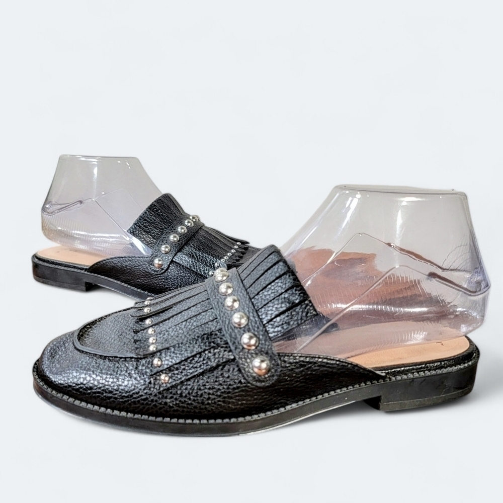 A New Day Black Faux Leather Mules Kilte Fringe Studs Slip on Shoes Size 6.5